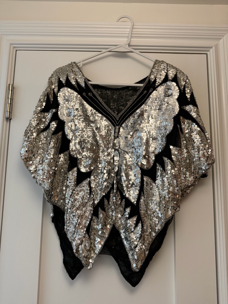 Vintage Silver Sequin Butterfly Top - Black
